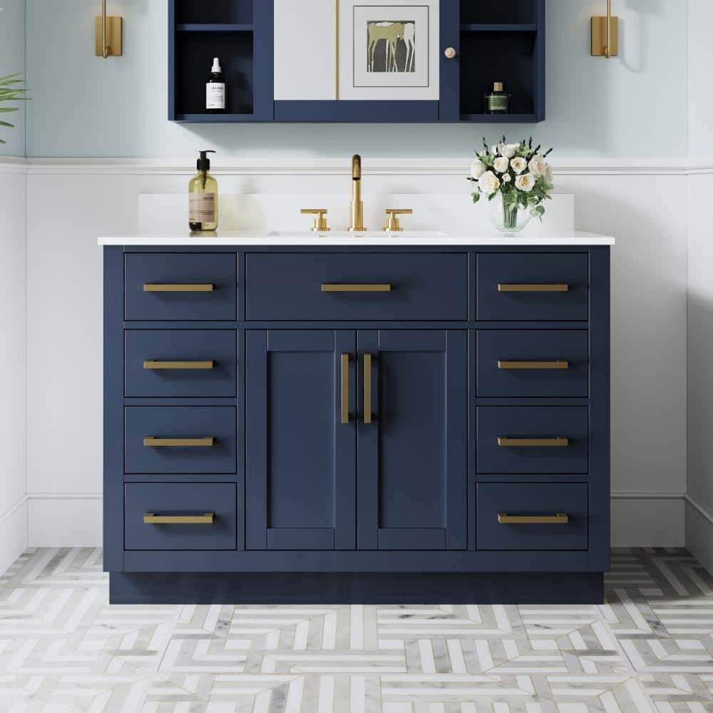 48 in. Navy Blue Solid Wood Freestanding Bath Vanity with White Cultured Marble Top, Brushed Gold Pulls, Assembled price history on PriceWatchPro