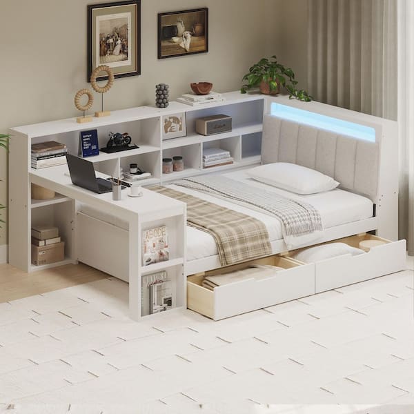 Harper & Bright Designs Multifunctional White Full Daybed with Drawers, Desk and Storage Shelves, Linen Upholstered Headboard with RGB Lights