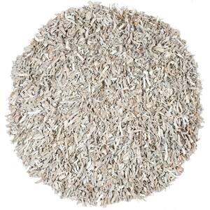 Leather Shag White 4 ft. x 4 ft. Round Solid Area Rug