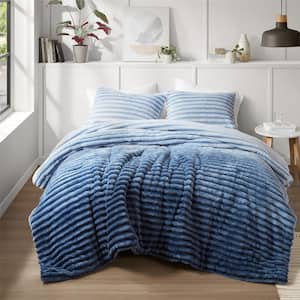 Avril 3-Piece Blue Ombre Polyester Full/Queen Fluffy Ribbed Plush Comforter Set