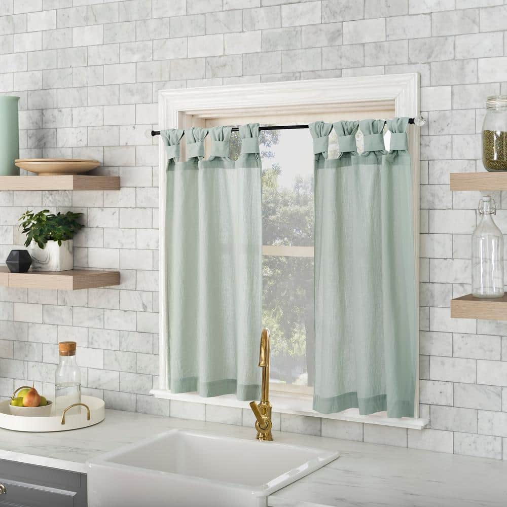 Seafoam Green Cotton Sheer Tab Top Kitchen Curtain Tier Pair