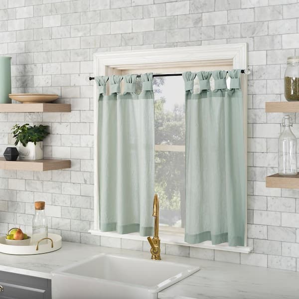 Sun Zero Sarro Seafoam Green Cotton 52 in. W x 45 in. L Tab Top Light Filtering Curtain Tier Pair for Kitchens (Set of 2)
