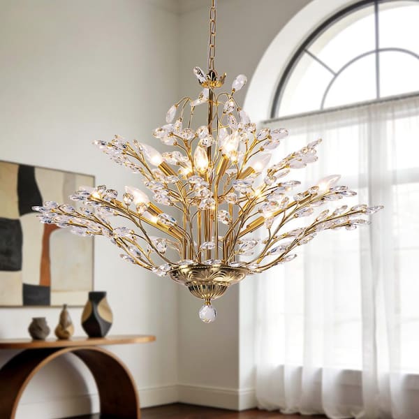 12-Light 33 in. Gold Crystal Modern Tiered Dimmable Chandeliers Dining Kitchen Ceiling Lights Foyer Bedroom Lighting