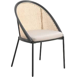 Dining Chair with Vinyl Fabric Seat and Wicker Backrest in Black Stainless Steel Urbane Collection in Taupe