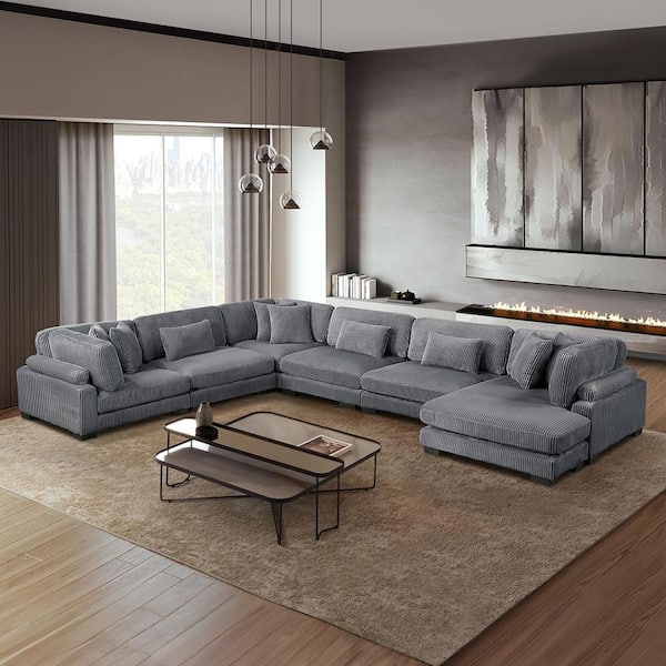 Turbo 135 in. Pillow Top Arm 6-Piece Corduroy Fabric Modular Sectional Sofa in Gray with Reversible Chaise