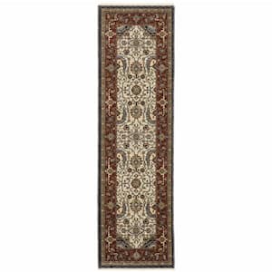 Ivory Beige Red Blue Gold Green and Navy 2 ft. x 8 ft. Oriental Power Loom Stain Resistant Fringe with Runner Rug