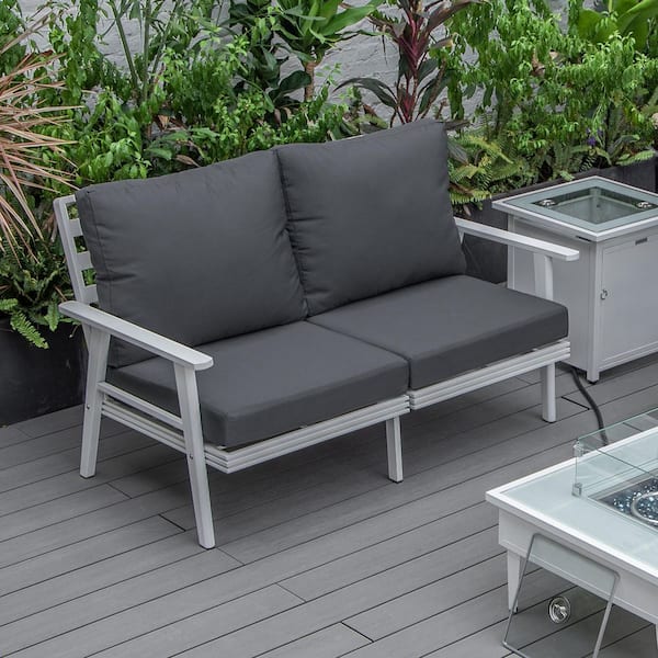 Leisuremod Walbrooke Patio White Aluminum Frame and Loveseat with Charcoal Removable Cushions