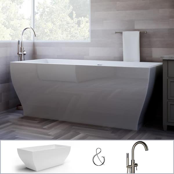 PELHAM & WHITE Manchester 63 in. Acrylic Angled Rectangle Freestanding Bathtub in White, Floor-Mount Single-Post Faucet in Nickel