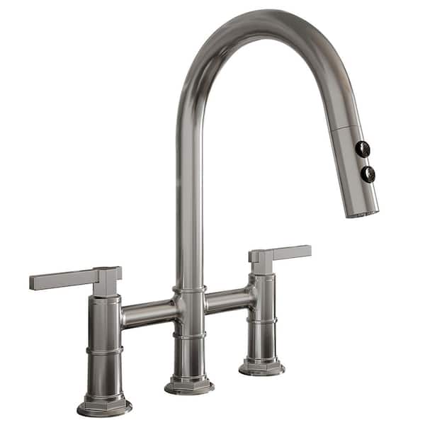 BWE Modern Double Handle 3 Holes Deck Mount Bridge Kitchen Faucet With 2-Sprayer Pattern 360 Swivel Spout in Brushed Nickel