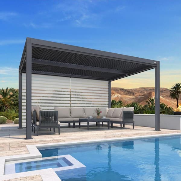 PURPLE LEAF 10 ft. x 14 ft. Gray Aluminum Frame Louvered Pergola with Adjustable Shade Rainproof Roofs and 1-Long Side Roller Shades