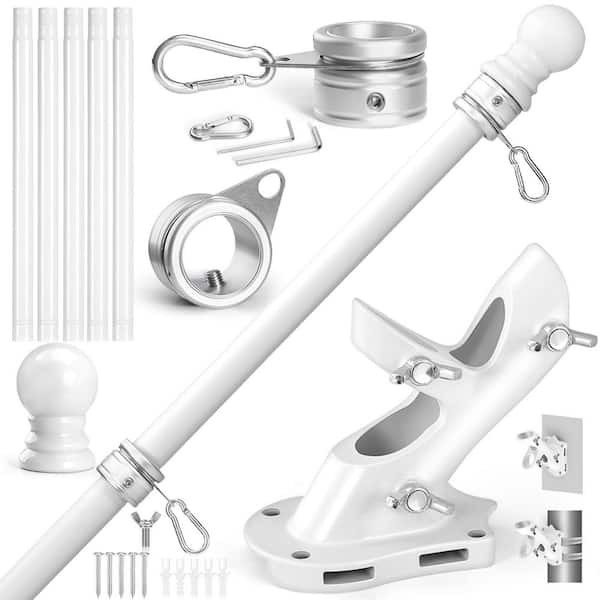 6 ft. Stainless Steel Flag Pole Kit, 1 in. Metal Flag Rings, 360° Rotating Clips, Two-Position Flag Brackets, White