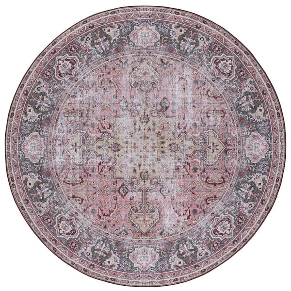 SAFAVIEH Tucson Pink/Beige 6 ft. x 6 ft. Machine Washable Medallion Floral Border Distressed Round Area Rug