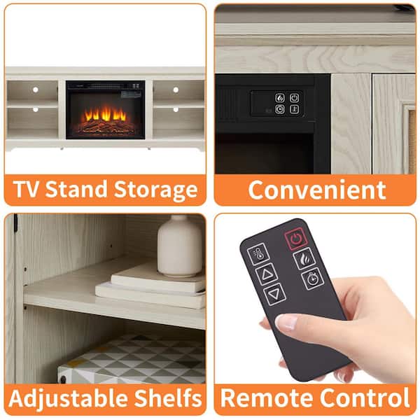65 in. Freestanding TV Stand with 23 in. Fireplace Insert, Adjustable Shelf Wood, Natural Rattan Door Cabinet, White