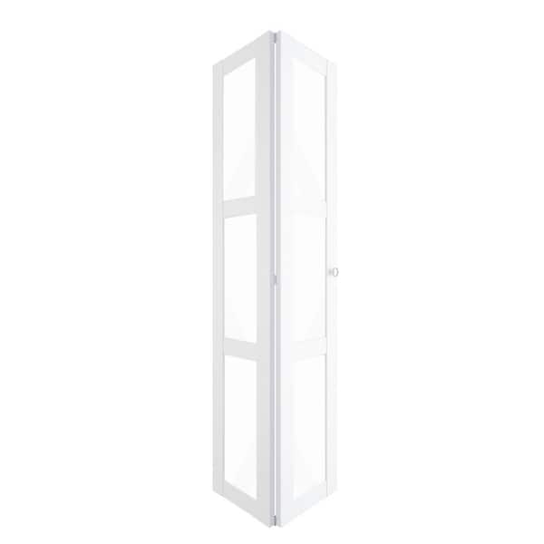 36 in. x 80 in. Clear Glass, Solid Core, White, MDF, 3-Lite, Water-Proof PVC Covering Bi-fold Door with All Hardware