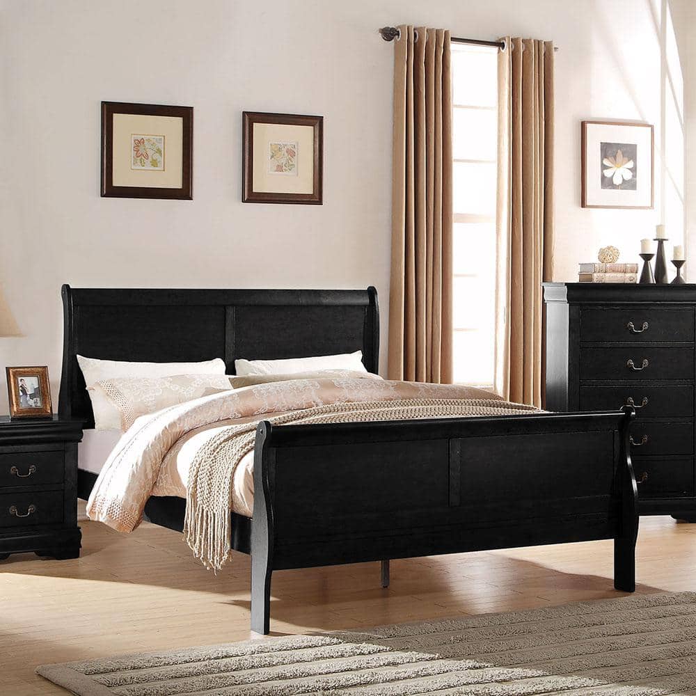 Black Pine Queen Sleigh Bed with Headboard and Drawers