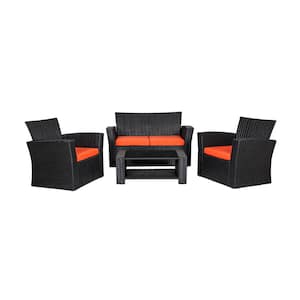 Hudson 4-Piece Black Wicker Outdoor Patio Loveseat and Armchair Conversation Set with Orange Cushions and Coffee Table