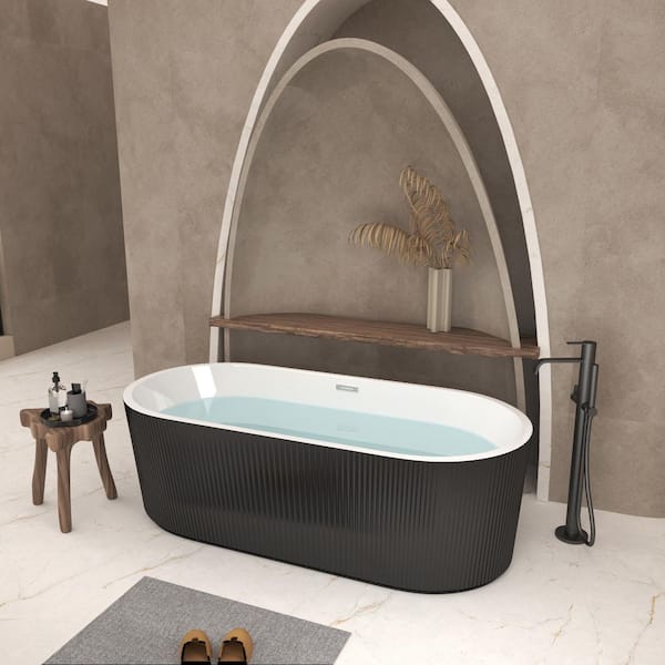 67 in. x 31.5 in. Linear Acrylic Soaking Freestanding Bathtub with Chrome Drain in Glossy Black