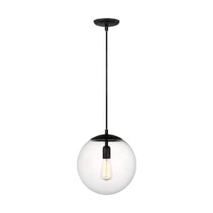 Leo Hanging Globe 12 in. 1-Light Midnight Black Pendant Light with Clear Seeded Glass Shade