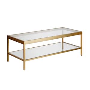 Alexis 45 in. Brass Large Rectangle Glass Coffee Table with Shelf