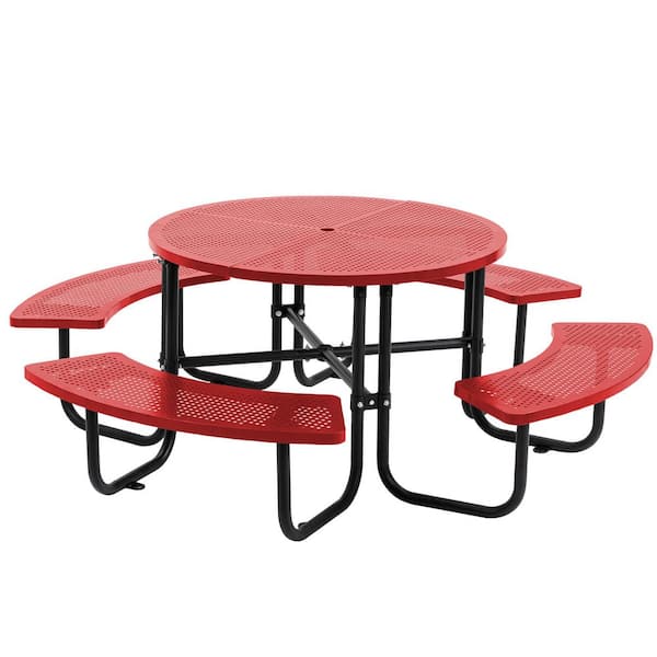 46 in. Round Steel Outdoor Camping Picnic Table Seats 4-8 People with Umbrella Hole