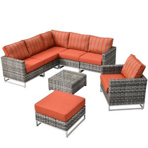 Mille Lacs Gray 8-Piece NO ASSEMBLY Wicker Patio Conversation Sectional Sofa Set with Striped Orange Red Cushions