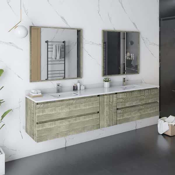 Fresca Formosa 84 in. W x 20 in. D x 20 in. H Bath Vanity in Sage Gray with Vanity Top in White with 2-White Sinks and Mirrors
