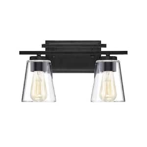 Calhoun 14.63 in. W x 8.75 in. H 2-Light Black Bathroom Vanity Light with Clear Cone Glass Shades