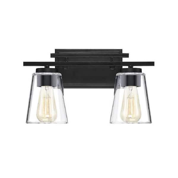 Calhoun 14.63 in. W x 8.75 in. H 2-Light Black Bathroom Vanity Light with Clear Cone Glass Shades