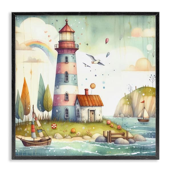 Stupell Industries Lighthouse Cottage Scenery by LSR Design Studio Black Framed Coastal Giclee Art Print 17 in. x 17 in.