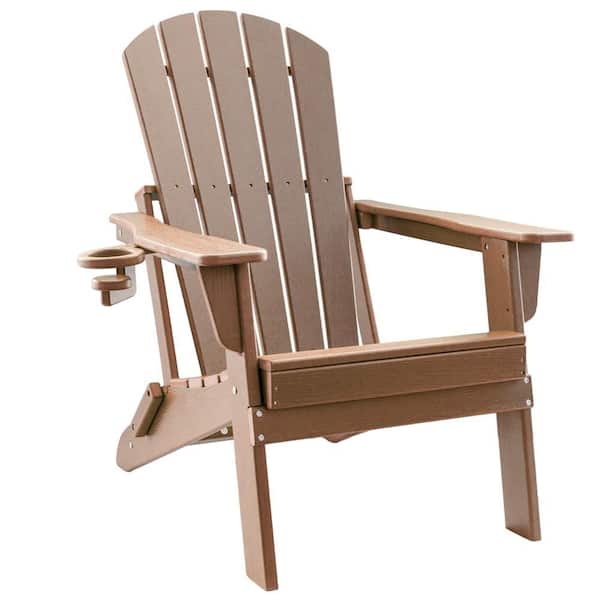 UPLAND HDPE Folding Adirondack Chair with Cup Holder, Weather-Resistant, Low Maintenance, Supports up to 400lbs, Teak