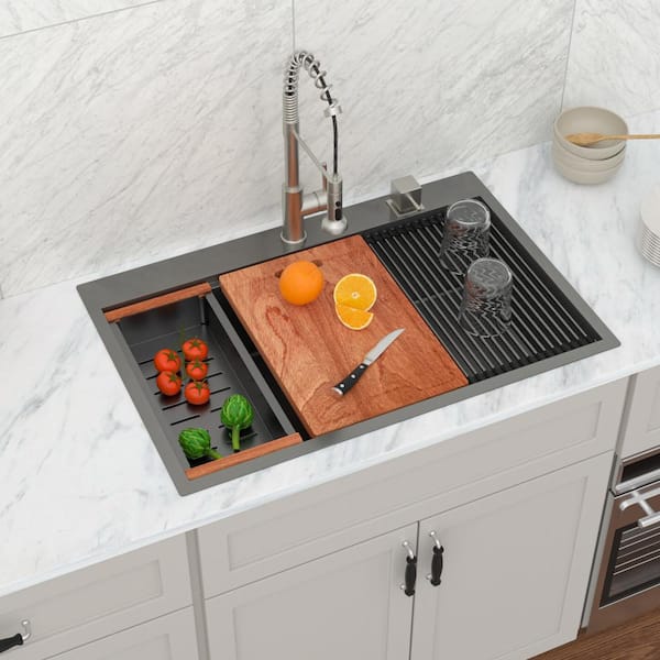 Gunmetal Black 16-Gauge Stainless Steel 33 in. Drop-In Single Bowl Workstation Kitchen Sink with Honeycomb Nano Coating