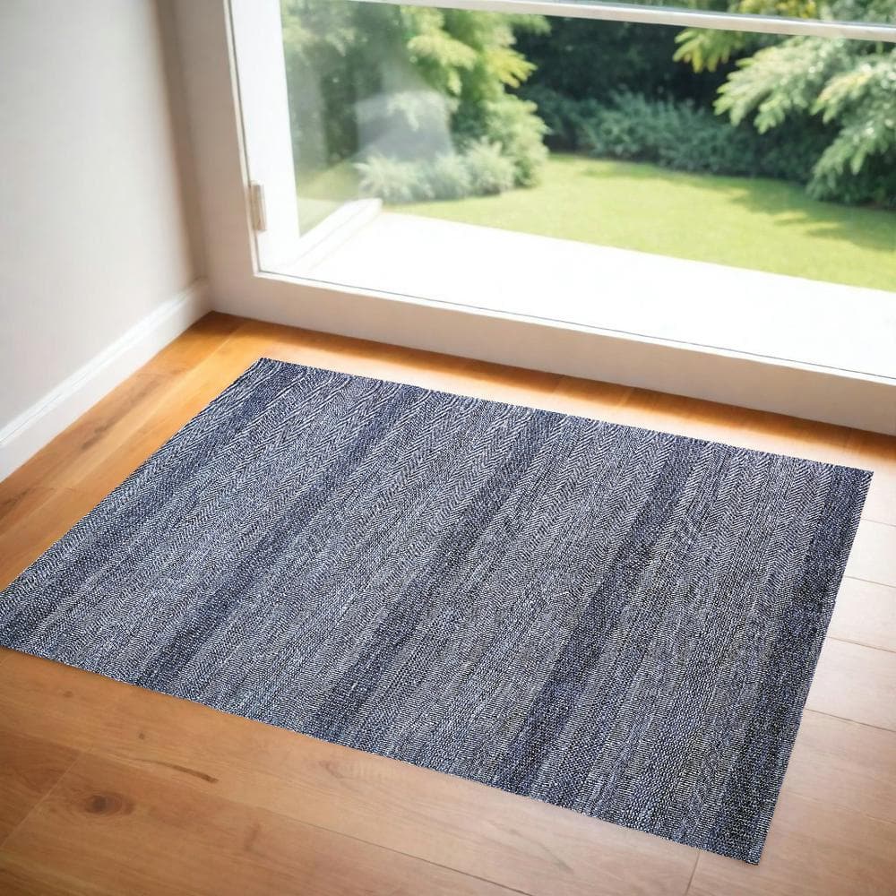 Blue and Gray Hand-Knotted Wool Striped 2' x 3' Area Rug