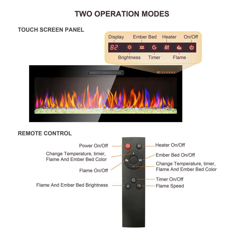 42" Black Wall-Mounted Electric Fireplace with Remote
