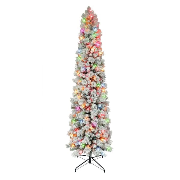 7.5 ft. Prelit Flocked Pencil Portland Pine Artificial Christmas Tree