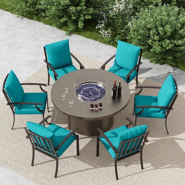 7-Piece Metal Outdoor Dining Set with 6 Chairs, Round Fire Pit Table, Waterproof and Non-Slip Blue Cushions, Patio, Lawn