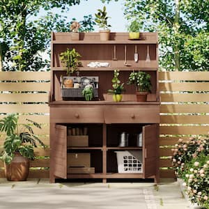 Garden 47.2 in. W x 65 in. H Brown Potting Bench Table Fir Wood Workstation with Storage Shelf