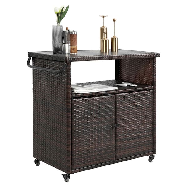 10cu. ft. Outdoor Steel Bar Cart with Glass Top, Rolling Beverage Serving Cart with Wheels for Patio, Garden, Poolside