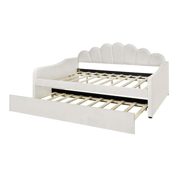 White Full Upholstered Daybed with Shall Shaped Backrest and Trundle