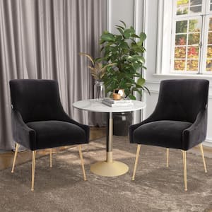 Black Velvet Dining Chair with Pulling Handle and Adjustable Foot Nails(Set of 2)