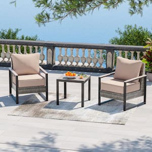 3 Pieces Patio Conversation Set with Side Table All-Weather Gray PE Wicker Chair with Sand Cushion