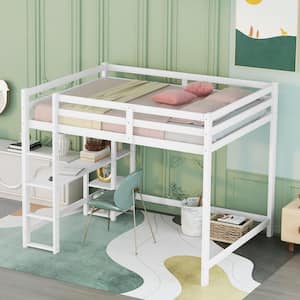 White Full Size Loft Bed with Desk, Wood Loft Bed Frame with Storage Shelves Bookcase, Loft Bed for Dorm, Kids Teens