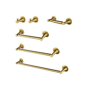 6 Pcs Wall Mount Bathroom Towel Rack Set in Brushed Gold Brass