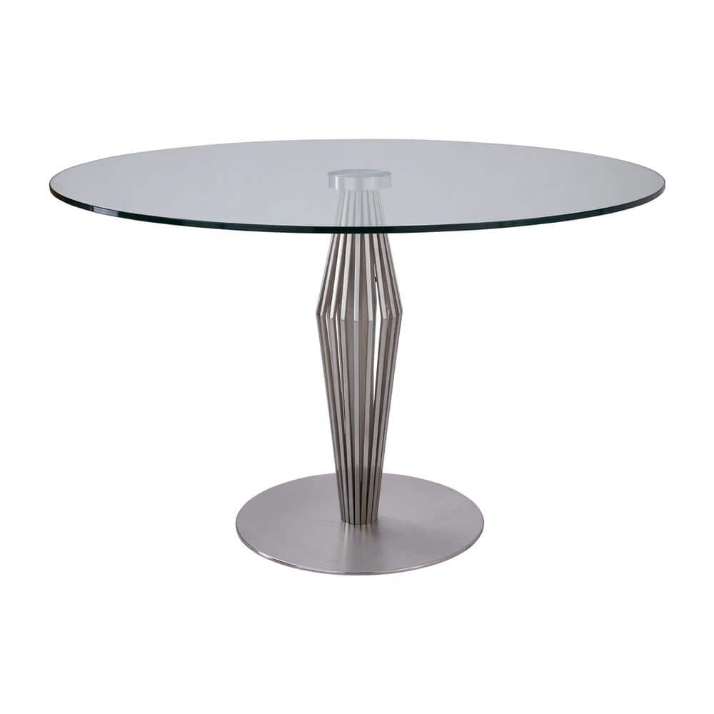 Livia Brushed Stainless Steel Finish and Clear Glass top Contemporary Dinin