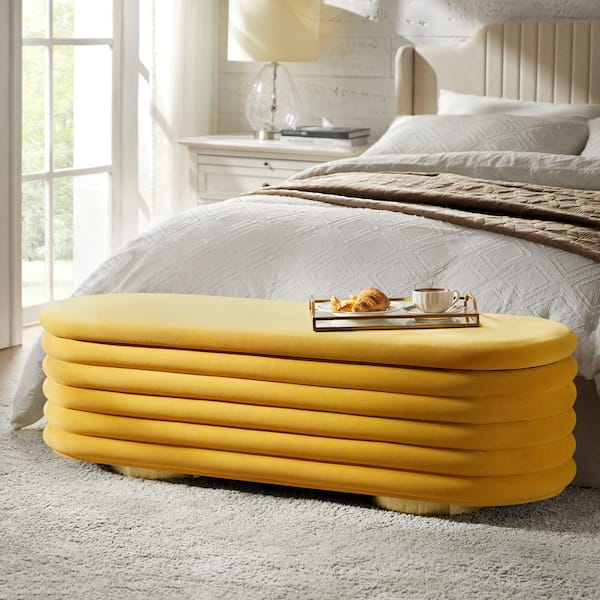 JAYDEN CREATION Zebulon Mustard 54 in. Velvet Upholstered Accent Storage Bedroom Bench