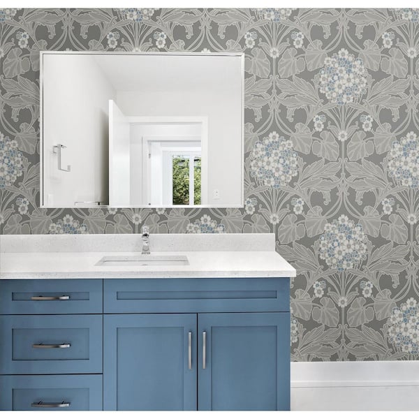 Daydream Grey and Carolina Blue Floral Hydrangea Unpasted Nonwoven Paper Wallpaper Roll 57.5 sq. ft.