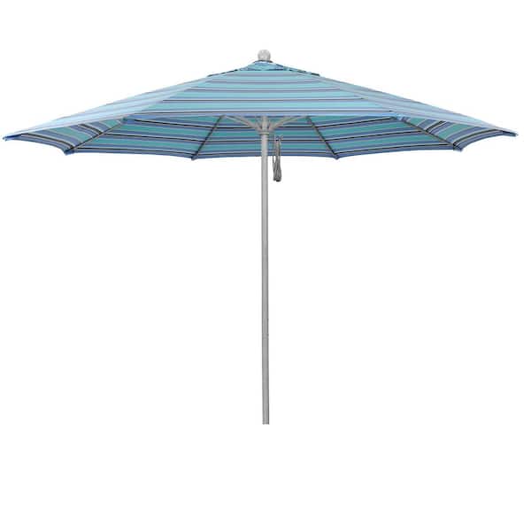 11 ft. Grey Woodgrain Aluminum Market Patio Umbrella with Fiberglass Ribs Pulley Lift in Dolce Oasis Sunbrella