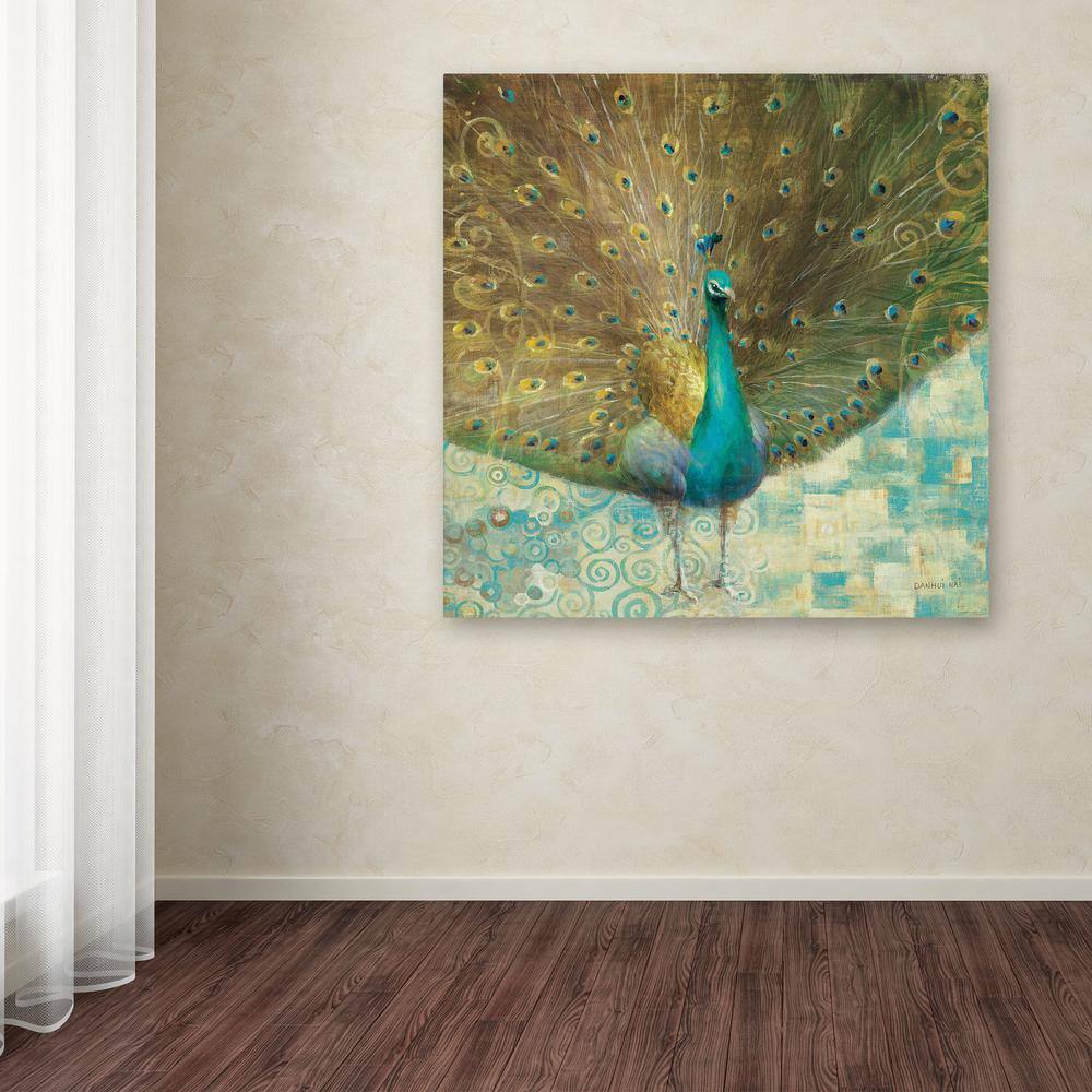 Teal Peacock on Gold Canvas Painting by Danhui Nai