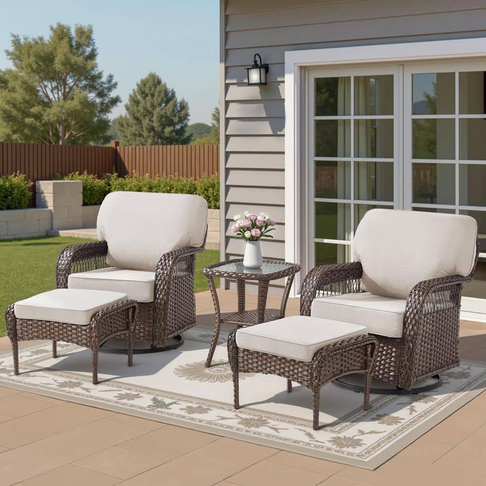Tyber 5-Piece Brown Wicker Outdoor Conversation Set Patio Swivel Rocking Chair Sets with 5 in. Thick Beige Cushions price history on PriceWatchPro