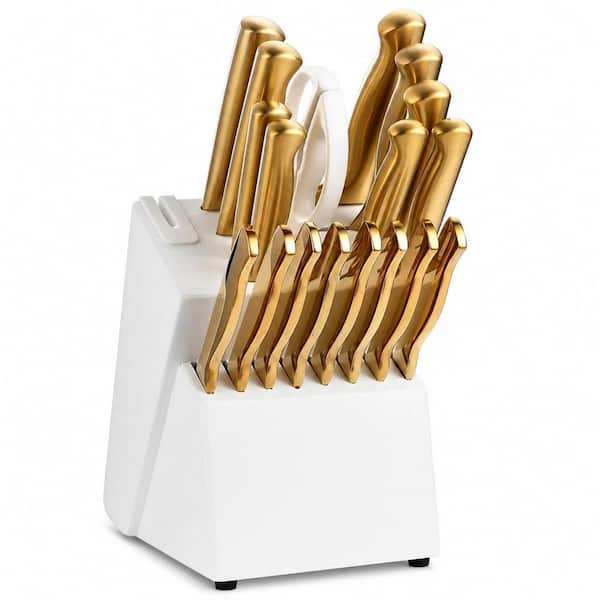 20-Piece Stainless Steel Knife Sets, Golden Titanium German Kitchen Knife Block Sets with Built-in Sharpener