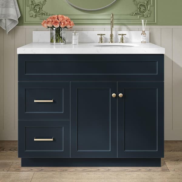 ARIEL Hamlet 42 in. Single Sink Freestanding Bathroom Vanity in Midnight Blue with Carrara White Quartz Top